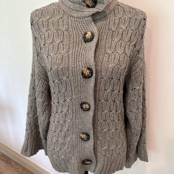 VTG Old Navy Chunky Knit Sweater Large Collar 3/4 Flared Sleeves Grey M EUC - Picture 9 of 9